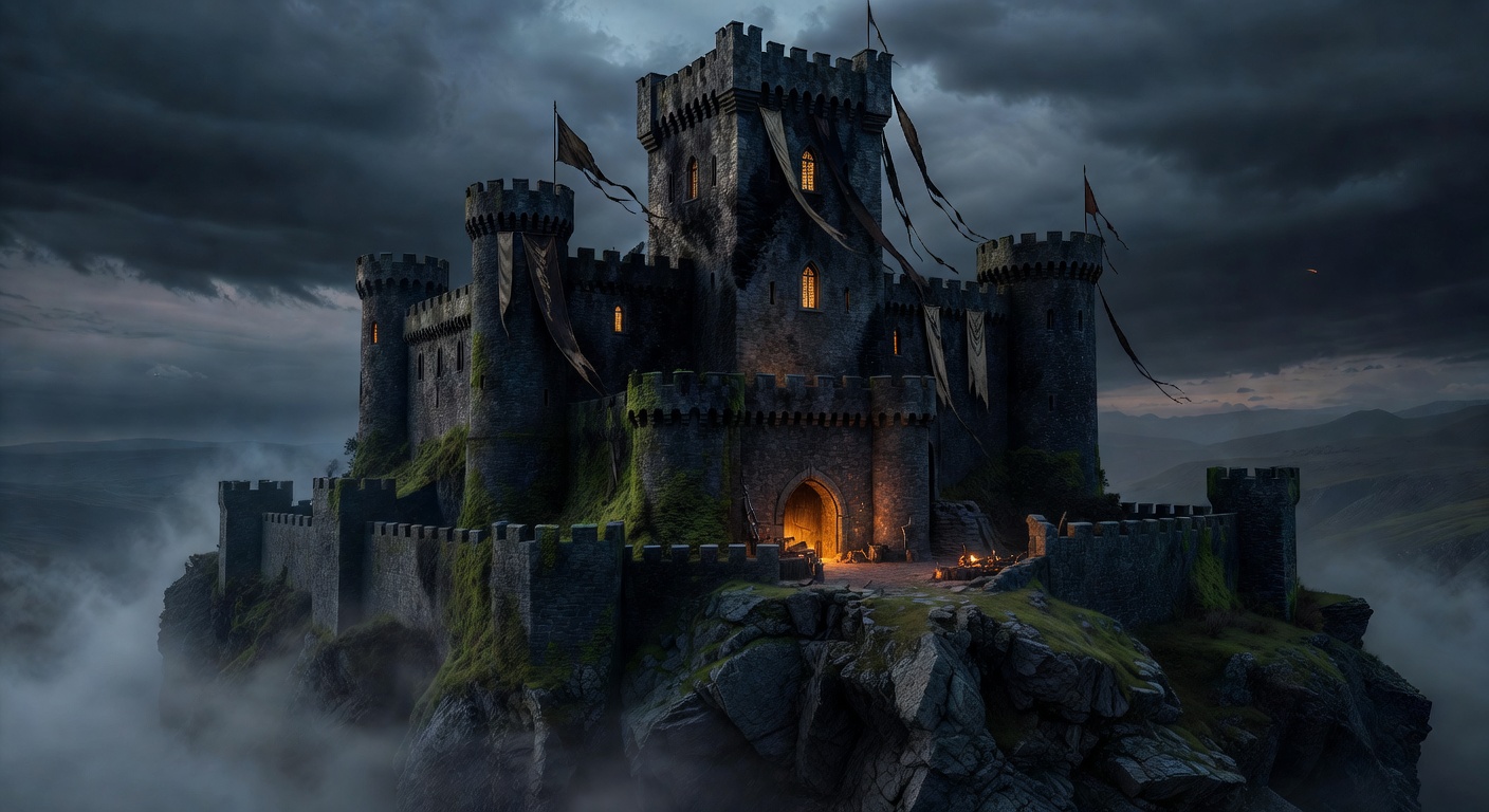 Cinematic dark medieval castle establishing the Arthur's Legacy aesthetic